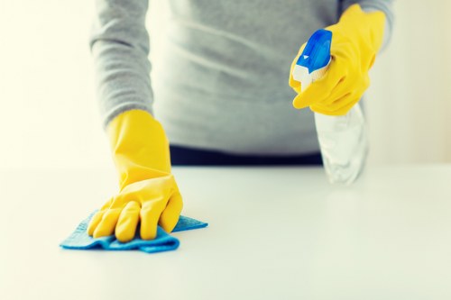 Professional carpet cleaner working carefully around furniture